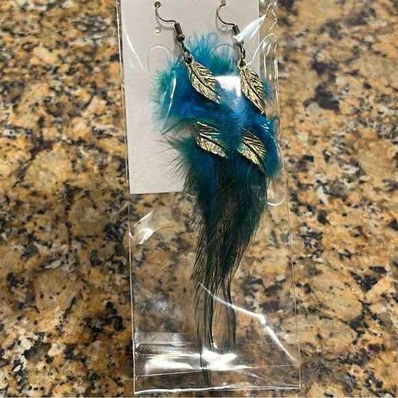 Turquoise & Green Feather Boho Earrings - Picture 4 of 4